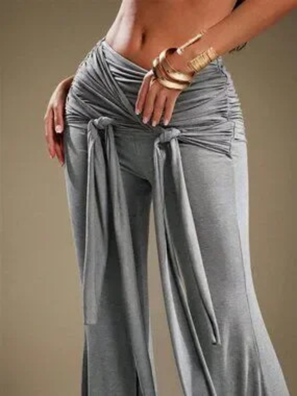 Grey Casual Women's Tie Waist Flared Pants Streetwear Statement Pants